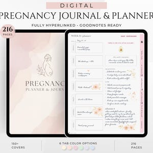 Puede incluir: Diario y planificador de embarazo digital en una tableta. La portada es de color rosa claro con un dibujo lineal de una persona embarazada. El planificador incluye 216 páginas y está totalmente hipervinculado.