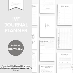 Peut inclure: Un planificateur de journal IVF t&eacute;l&eacute;chargeable avec des pages pour suivre les rendez-vous, les m&eacute;dicaments et les &eacute;tapes importantes. Les pages sont en noir et blanc et incluent le texte "IVF JOURNAL PLANNER" et "DIGITAL DOWNLOAD".