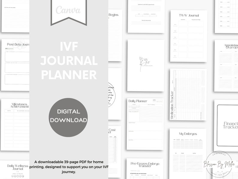 Peut inclure: Un planificateur de journal IVF t&eacute;l&eacute;chargeable avec des pages pour suivre les rendez-vous, les m&eacute;dicaments et les &eacute;tapes importantes. Les pages sont en noir et blanc et incluent le texte "IVF JOURNAL PLANNER" et "DIGITAL DOWNLOAD".