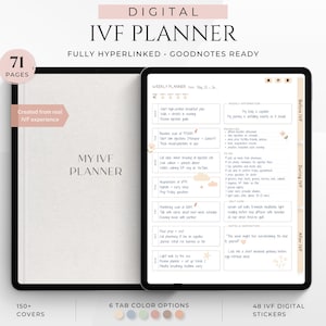 Könnte beinhalten: Digitaler IVF-Planer mit 71 Seiten, voll verlinkt und GoodNotes-fähig. Der Planer enthält über 150 Cover, 6 Registerkarten-Farboptionen und 48 digitale Sticker. Er enthält einen Wochenplaner.