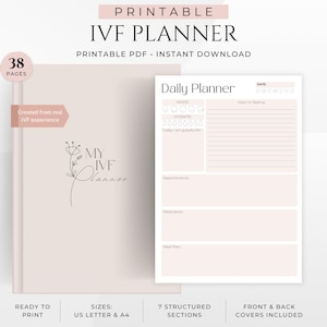 Puede incluir: Un planificador de FIV imprimible con una cubierta rosa claro y una p&aacute;gina de planificador diario a juego. La cubierta presenta el texto "MY IVF Planner" y un dise&ntilde;o floral. El planificador incluye 38 p&aacute;ginas y est&aacute; disponible en tama&ntilde;os US Letter y A4.