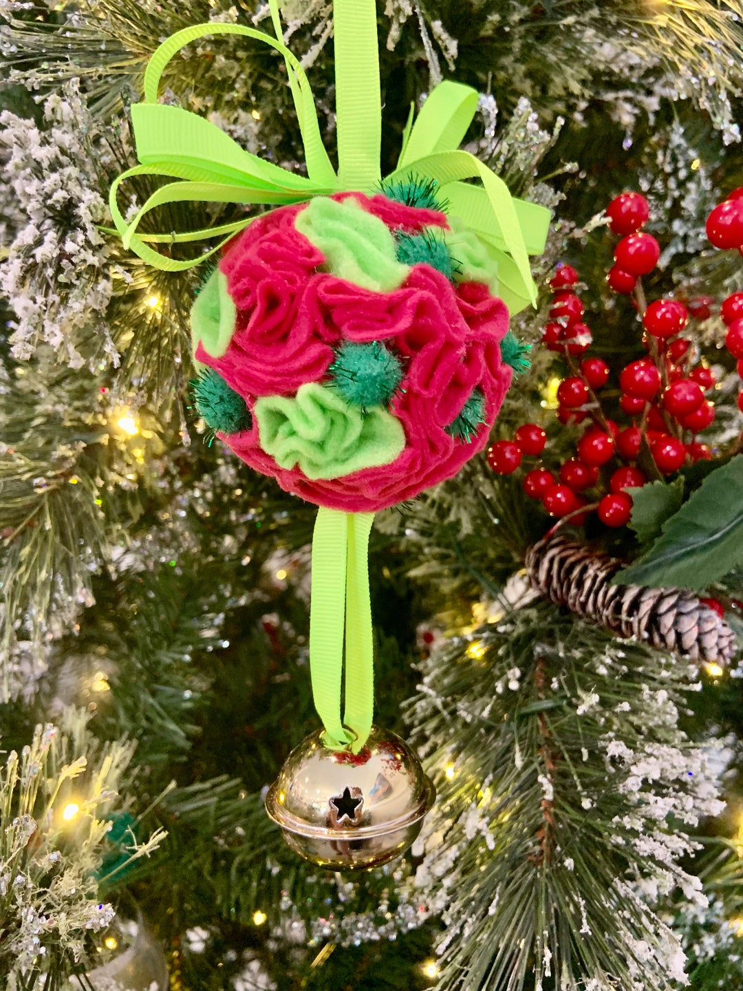 3.5 Bright Green & Hot Pink Hip Hop Jingle Bell Felt Christmas Ornament