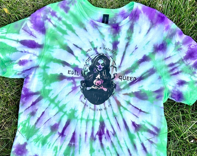 Featured listing image: Evil Queen Tie-Dye Shirt - Why Be a Princess When You Can Be an Evil Queen - Gothic Witchy Graphic Tee - Hand-Dyed Purple & Green