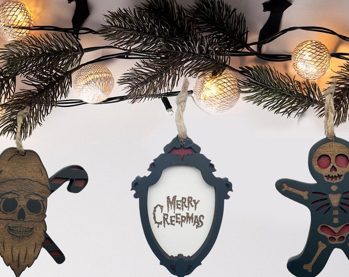 Featured listing image: Spooky Christmas Tree Ornaments | Gothic Holiday Decor | Red Spooky Custom Tree Decorations for Halloween Creepmas | Skulls & Skeleton Decor