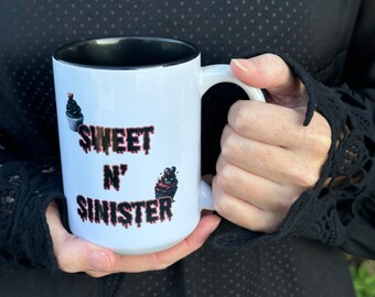 Spooky White Cupcake Coffee Mug, Glossy Ceramic 15 oz, Gifts for her, Creepy Goth, Cute Valentine Mug, Elegant Gothic Horror Gift Cup