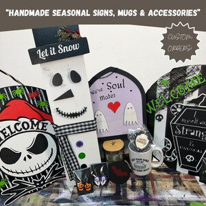 A spooky-fun mix of handmade wooden seasonal signs,  ceramic mugs, tumblers and accessories. From ghostly welcome signs to gothic mugs and bat earrings, each item adds charm to any space. Custom orders welcome!
