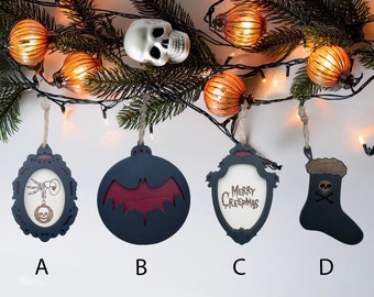 Spooky Christmas Tree Ornaments | 3 pack | Gothic Holiday Decor | Red Spooky Custom Tree Decorations for Halloween Creepmas Skull & Skeleton