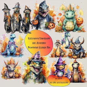 Halloween dinosaur Clipart, Watercolor Pastel Halloween Dinosaur clipart, Kawaii Halloween pumpkins dinosaurs, Commercial use clipart, png