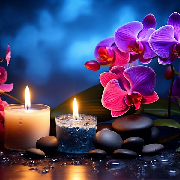 Purple Orchid with candles and black  Stones arrangements , digital download ,printable wall art.