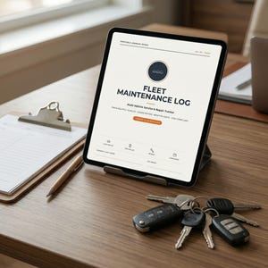 以下が含まれることがあります： Fleet Maintenance Log、Multi-Vehicle Service & Repair Tracker、Track Multiple Vehiclesなどのテキストが表示されたデジタル車両メンテナンスログを表示するタブレット。画面には、3台の車両のシルエットが描かれた濃い青色の円形アイコンがあります。