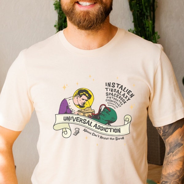 Funny Alien Tshirt Gift for Social Media Lover, Cosmic Humor T-shirt Gift, Cellphone Mobile Addiction Outfit Gift for Son, Gift for Daughter