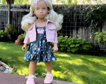 Sasha Doll Outfit: Green Cotton Dress & Pink Jacket for 16-17" Doll