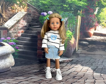 Ropa de muñeca hecha a mano: suéter, falda vaquera, pantalones vaqueros, botas para muñeca Gotz de 35 cm.