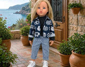 Gotz Happy Kidz 19 Inch (50 cm) Stylish Doll Clothes, White  Sweater, Graphite Sweater, Cat Jacket, Navy Bomber, Striped Jeans, Sneakers