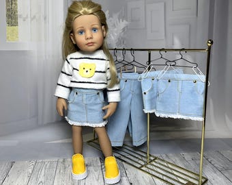 Conjunto de jeans y falda de mezclilla hechos a mano para muñeca Gotz Little Kids de 35 cm.