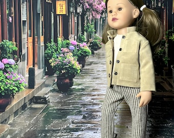 Conjunto de muñeca hecho a mano: chaqueta de ante, pantalones a cuadros y jersey para muñecas Gotz Happy Kids de 48 cm.