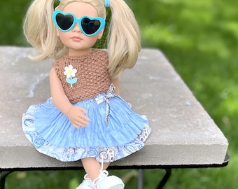 Conjunto de ropa hecho a mano para muñeca Gotz de 35 cm: top de punto, falda de algodón y zapatos.