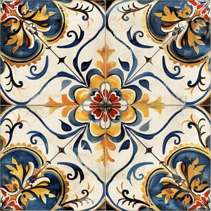 May include: A square tile with a floral pattern in shades of blue, yellow, red, and white. The design features a central flower with four petals and intricate swirling vines.