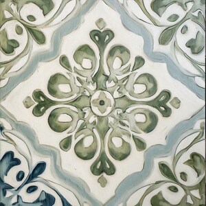 May include: Square tile with a repeating floral pattern in shades of green and blue on a white background. The design features stylized leaves and symmetrical shapes, creating a decorative and artistic look.