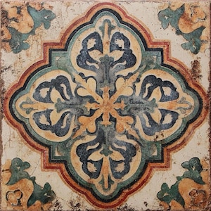 May include: Square decorative tile with a symmetrical floral design. The tile features a central starburst pattern in shades of yellow and blue, surrounded by a border of green, red, and black. The corners have stylized floral accents, all set against a cream-colored background.
