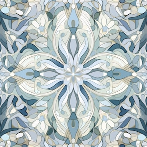 May include: A seamless pattern with a blue, white, and gray color scheme. The pattern features a repeating design of stylized flowers and leaves.