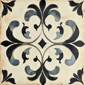 May include: A white ceramic tile with a black and blue floral design. The design features intricate swirls and leaves.
