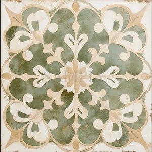 May include: Square decorative tile with a symmetrical floral design. The tile features a central flower motif surrounded by stylized leaves and petals in shades of green, cream, and tan against a white background. The design has a distressed, vintage appearance.