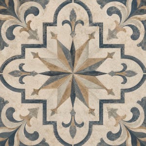 May include: A square ceramic tile featuring a central eight-pointed star motif in shades of navy blue, tan, and cream. The design includes symmetrical fleur-de-lis elements and intricate scrollwork borders, all set against a textured, weathered background.