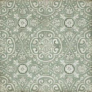 May include: A square, repeating pattern featuring a detailed, ornate design. The pattern is primarily in shades of green and white, with floral and scroll-like elements. The design has a vintage, textured appearance, suggesting an aged or antique aesthetic.