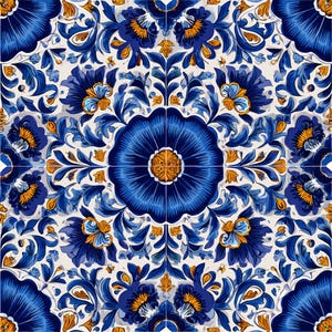 May include: A repeating pattern of blue and gold floral designs on a white background. The design features large, stylized flowers with intricate petal details, surrounded by leaves and smaller floral elements. The color palette includes shades of blue, gold, and white.
