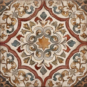 May include: Square tile with a detailed floral pattern in a muted color palette. The design features a central star shape, surrounded by swirling leaves and vines in shades of brown, beige, and blue, with a red border.
