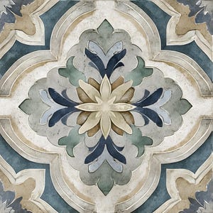 May include: Decorative tile with a symmetrical floral design. The tile features a central flower in beige and cream, surrounded by blue, green, and gray leaf-like shapes. The background is a mix of blue and gray, with a textured, aged appearance.