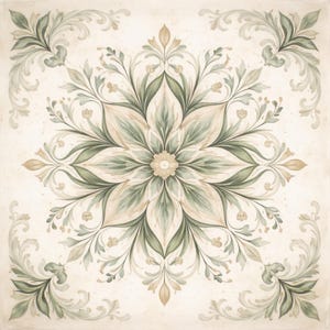 May include: A square, watercolor-style floral design with a central flower and surrounding leafy vines. The color palette includes shades of green, beige, and cream, creating a soft, vintage aesthetic. The design is symmetrical, with ornate corner flourishes.