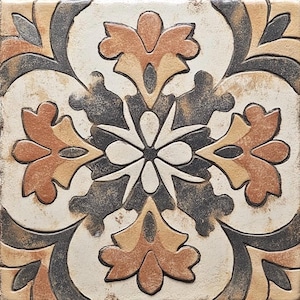May include: A square tile with a distressed, vintage look. The tile features a repeating pattern of stylized flowers in shades of brown, beige, and white on a black background.