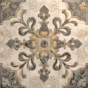 May include: Square ceramic tiles with a distressed, ornate floral design in muted tones of cream, gray, teal, and gold. The pattern is symmetrical, with corner accents and a central medallion.