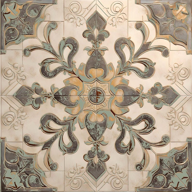 Puede incluir: Azulejos cuadrados de cer&aacute;mica con un dise&ntilde;o floral ornamentado y envejecido en tonos crema, gris, turquesa y dorado. El patr&oacute;n es sim&eacute;trico, con detalles en las esquinas y un medall&oacute;n central.