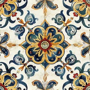 May include: Square ceramic tiles with a repeating floral pattern. The design features a central flower in yellow and red, surrounded by blue and yellow floral motifs on a white background. The tiles are arranged in a grid.