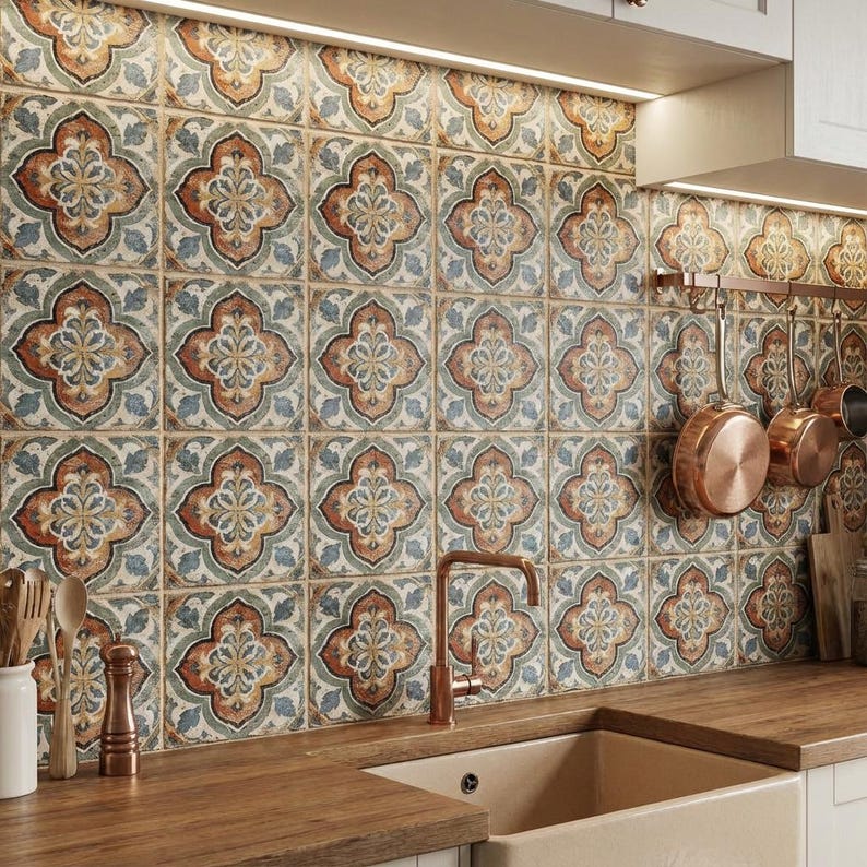 Siena Terra Medallion Decorative Ceramic Tile, Patterned Backsplash Tile, Luxury Wall Tile, Kitchen and Bathroom Tile, Designer Decorative image 2