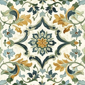 May include: A seamless pattern featuring a repeating design of stylized flowers and leaves in shades of blue, green, and gold on a white background.