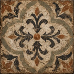 May include: Square tile with a distressed, aged appearance. The design features a central floral motif in black, orange, and brown, surrounded by a faded green and cream-colored background. The tile has a rustic, vintage aesthetic.