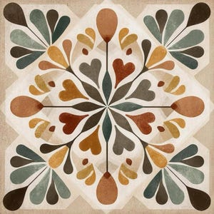 May include: A square decorative tile featuring a symmetrical floral-inspired pattern. The design consists of repeating petal and heart-shaped motifs in shades of terracotta, mustard yellow, sage green, and dark gray on a light beige background.