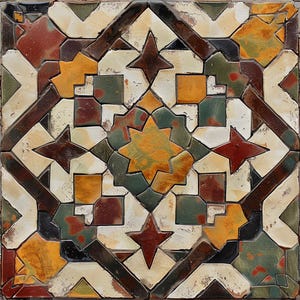 May include: Square ceramic tile with a geometric pattern. The design features a central starburst in shades of yellow and green, surrounded by squares, stars, and diamond shapes in red, brown, and cream colors. The tile has a distressed, aged appearance.