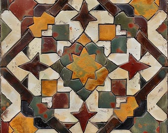Atlas Desert Mosaic Moroccan-style ceramic tile, design, intricate geometric inspired shapes, hand-painted look, rich Mediterranean kitchen