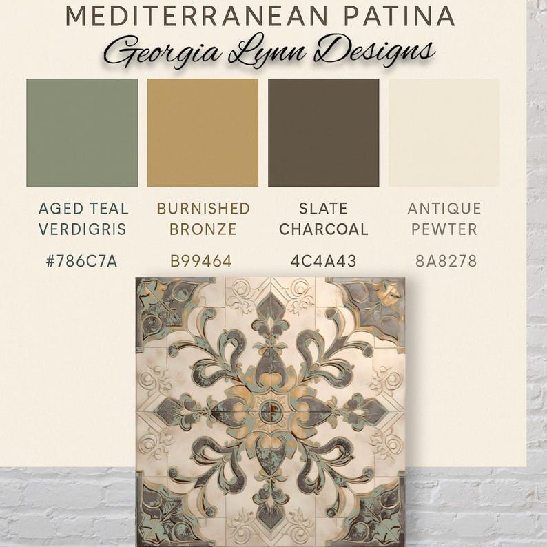 Puede incluir: Imagen de una baldosa decorativa con un dise&ntilde;o floral en tonos verde azulado, bronce y carb&oacute;n. La baldosa est&aacute; rodeada por un borde. Encima, muestras de color muestran Aged Teal, Burnished Bronze, Slate Charcoal y Antique Pewter. El texto dice "MEDITERRANEAN PATINA" y "Georgia Lynn Designs".
