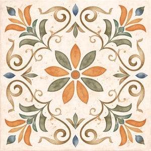 May include: Square tile with a floral design. The tile features a central orange flower surrounded by green leaves and orange and blue accents. The background is a cream color, and the design has a watercolor effect.