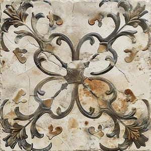 May include: A decorative tile with a distressed, antique look. The tile features a floral design in shades of brown, gray, and gold. The design is intricate and symmetrical, with a central motif of a stylized flower.