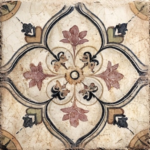 May include: Square tile with a floral pattern in muted colors. The design features a central flower with surrounding petals in shades of pink and brown, outlined with black and cream-colored lines. The tile has a distressed, aged appearance.