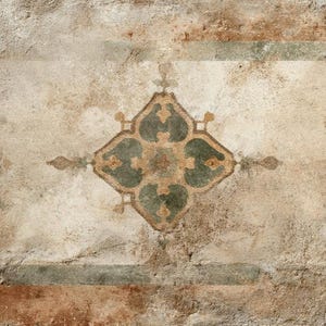 May include: A weathered, rectangular surface with a central, ornate design. The design features a diamond shape with green and gold accents, surrounded by floral motifs. The background has a textured, aged appearance with brown, beige, and green tones.
