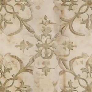 May include: A repeating pattern featuring a floral design in shades of beige and gray. The design has a textured, painted appearance, with stylized leaves and symmetrical floral elements. The background is a light beige color.
