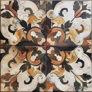 May include: A square ceramic tile with a repeating pattern of stylized floral designs in shades of brown, white, and beige. The tile has a distressed, vintage look.